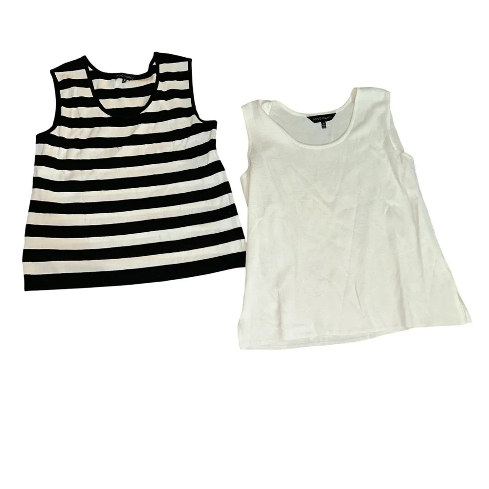 Ming Wang Womens Knit Tank Top Bundle Size M Black White Striped Solid Shells - Picture 1 of 8